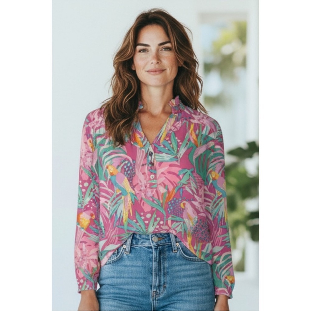 Michelle McDowell Pink Purple Tropical Parrot Love Bird Design Blouse size M